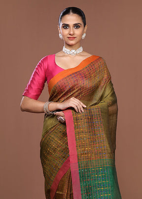 Green Linen Silk Saree With Blouse Piece
