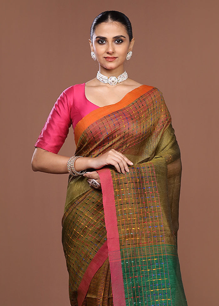 Green Linen Silk Saree With Blouse Piece