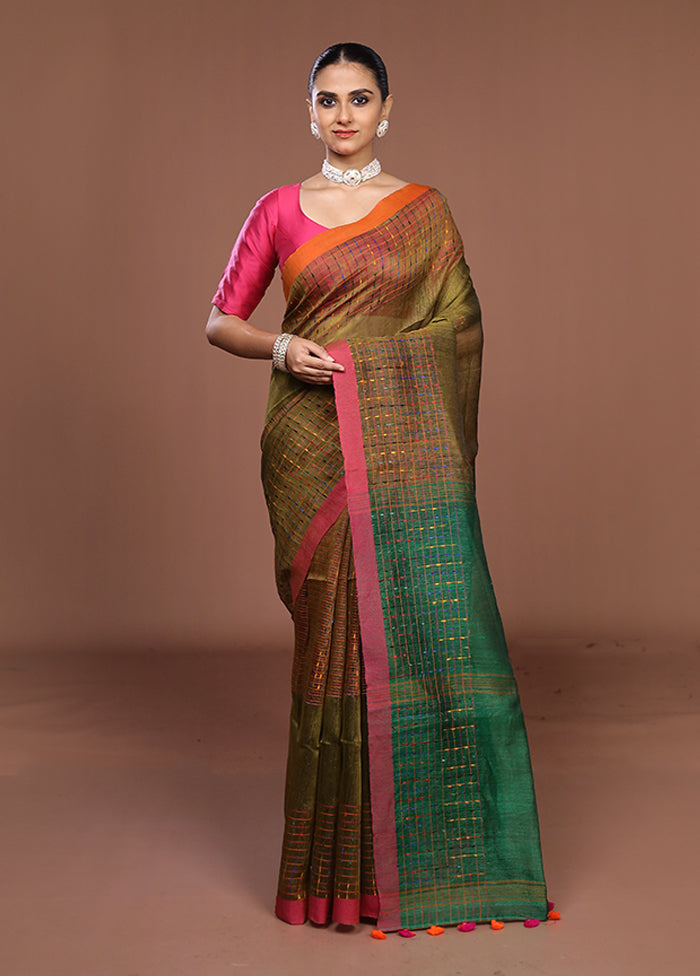 Green Linen Silk Saree With Blouse Piece