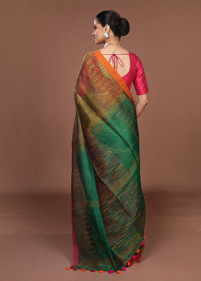 Green Linen Silk Saree With Blouse Piece