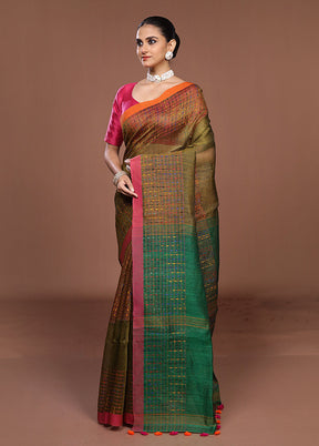 Green Linen Silk Saree With Blouse Piece