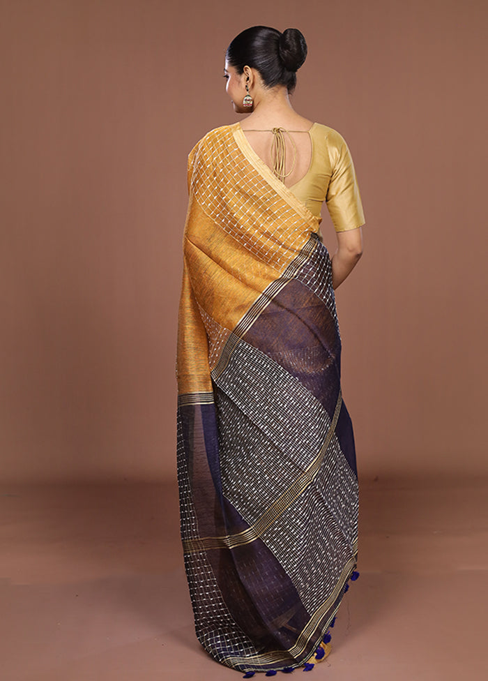 Yellow Linen Silk Saree With Blouse Piece