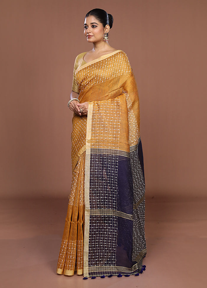 Yellow Linen Silk Saree With Blouse Piece