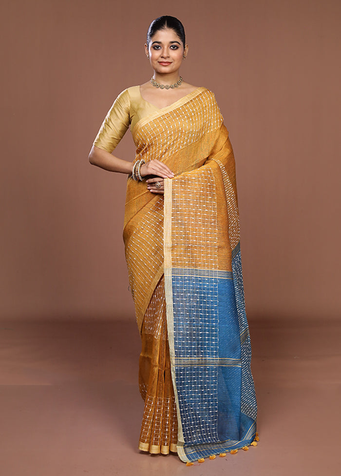 Blue Linen Silk Saree With Blouse Piece