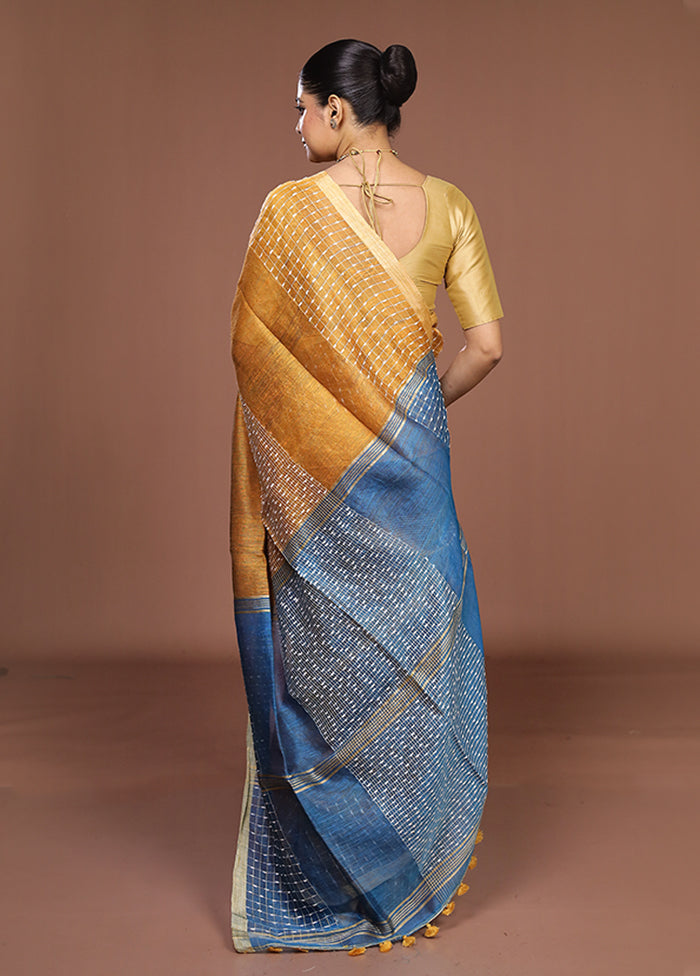Blue Linen Silk Saree With Blouse Piece