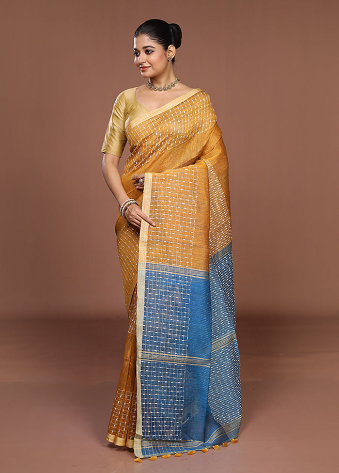 Blue Linen Silk Saree With Blouse Piece