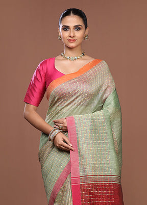 Green Linen Silk Saree With Blouse Piece