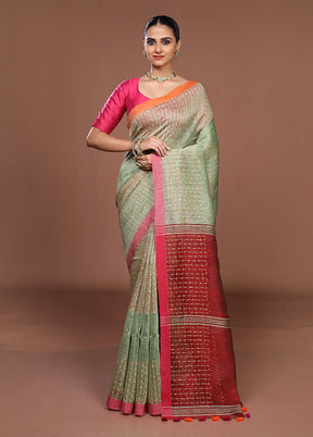 Green Linen Silk Saree With Blouse Piece