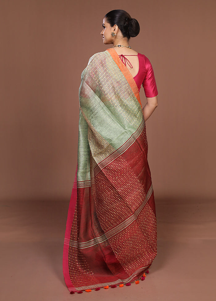 Green Linen Silk Saree With Blouse Piece