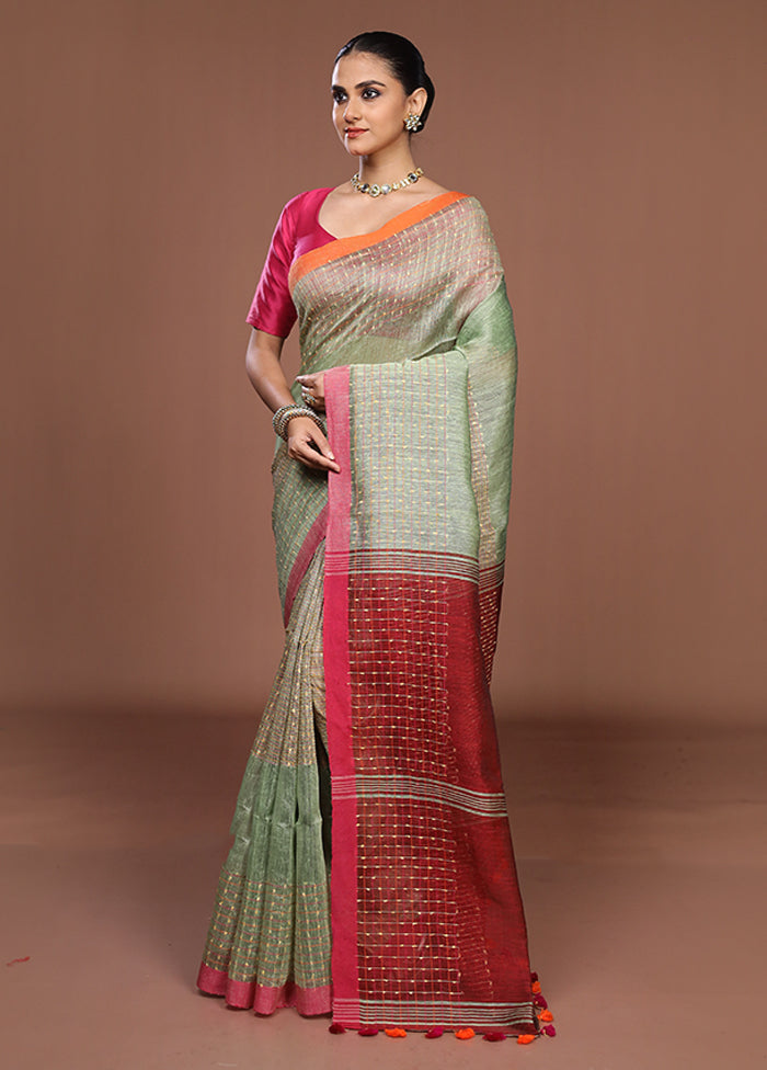 Green Linen Silk Saree With Blouse Piece