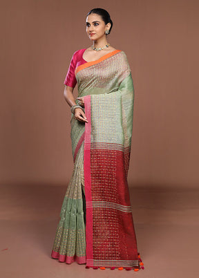Green Linen Silk Saree With Blouse Piece