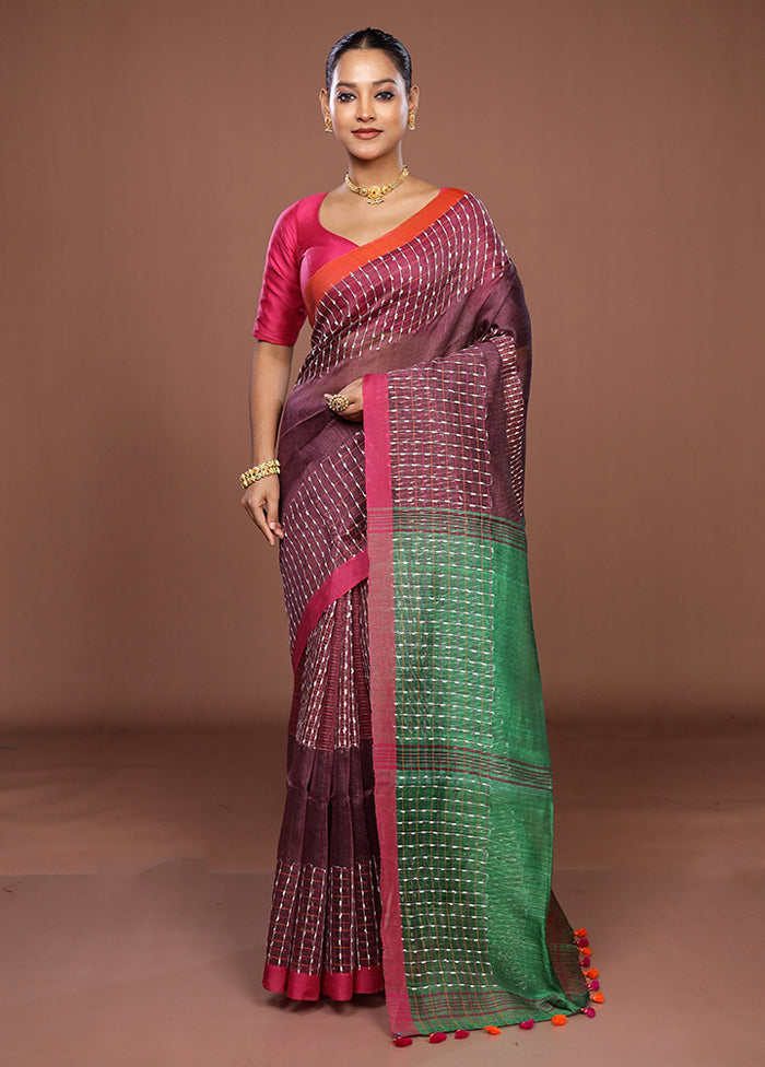 Purple Linen Silk Saree With Blouse Piece
