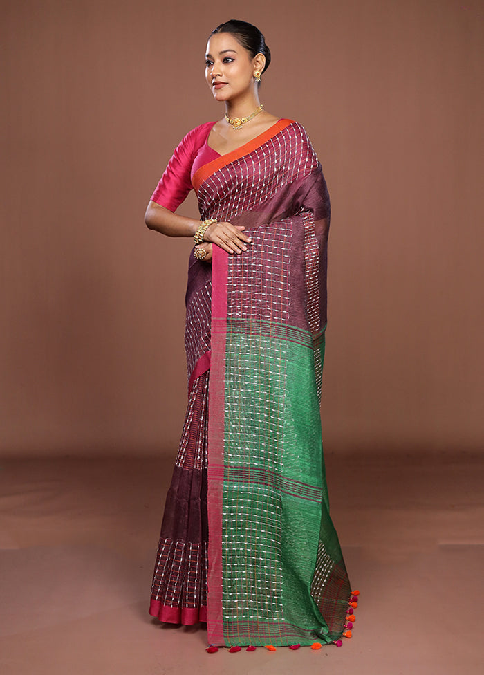 Purple Linen Silk Saree With Blouse Piece