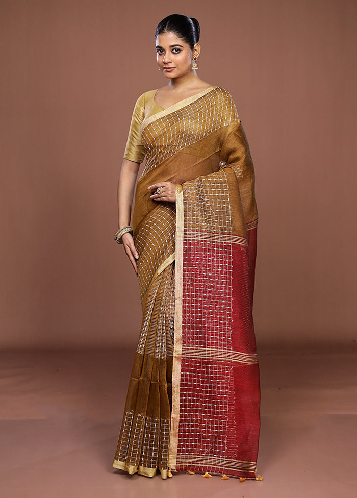 Yellow Linen Silk Saree With Blouse Piece