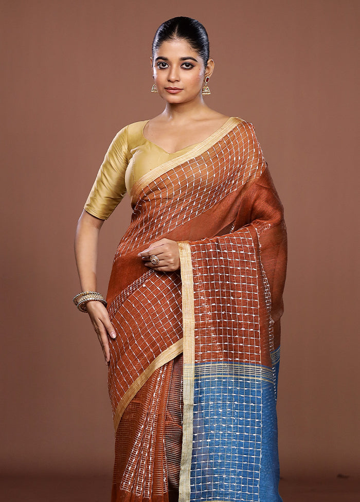 Maroon Linen Silk Saree With Blouse Piece