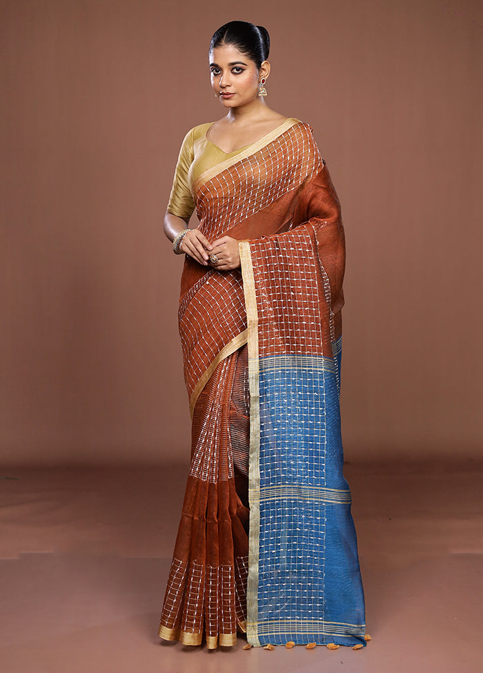 Maroon Linen Silk Saree With Blouse Piece