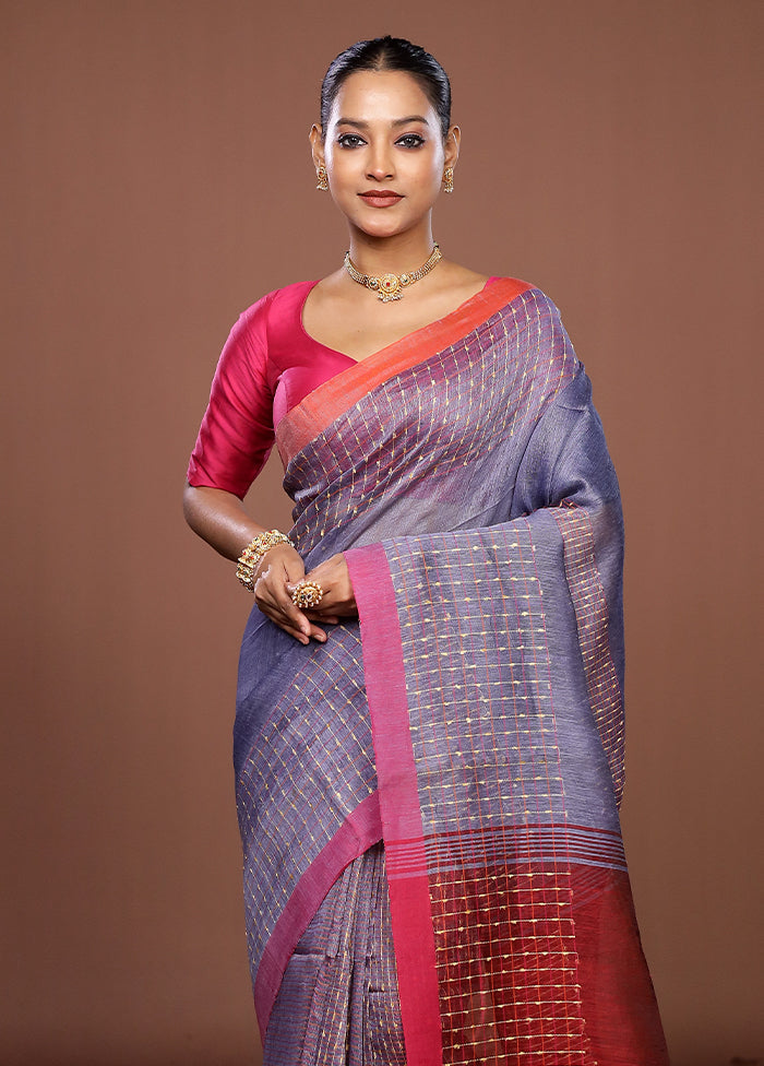 Blue Linen Silk Saree With Blouse Piece