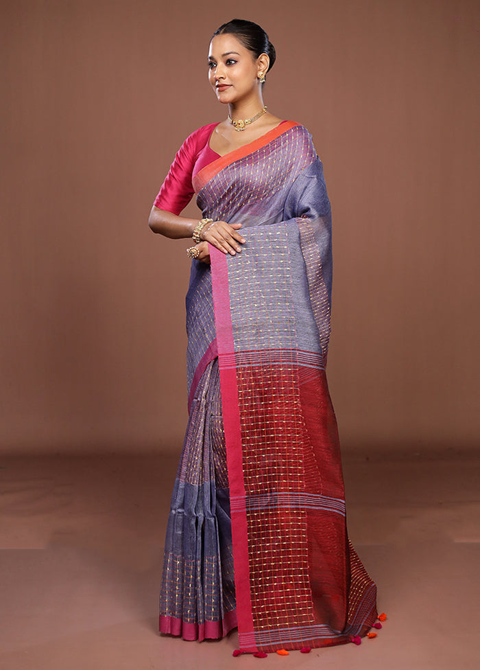 Blue Linen Silk Saree With Blouse Piece