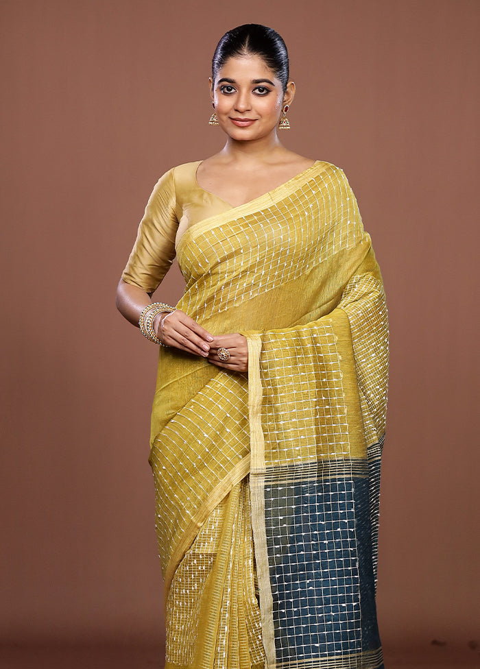 Yellow Linen Silk Saree With Blouse Piece