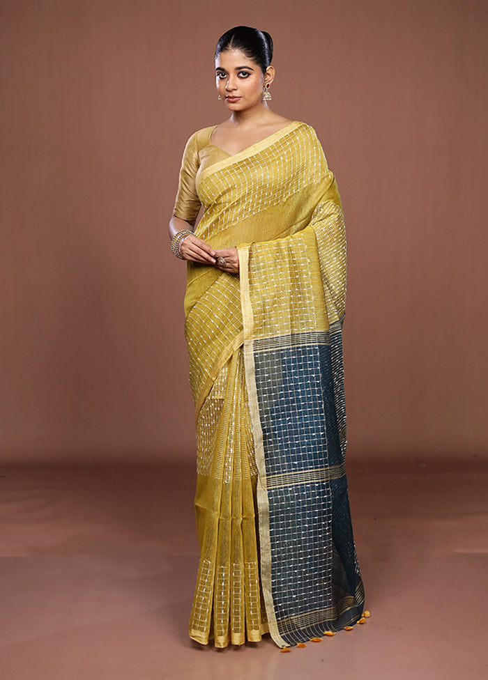 Yellow Linen Silk Saree With Blouse Piece