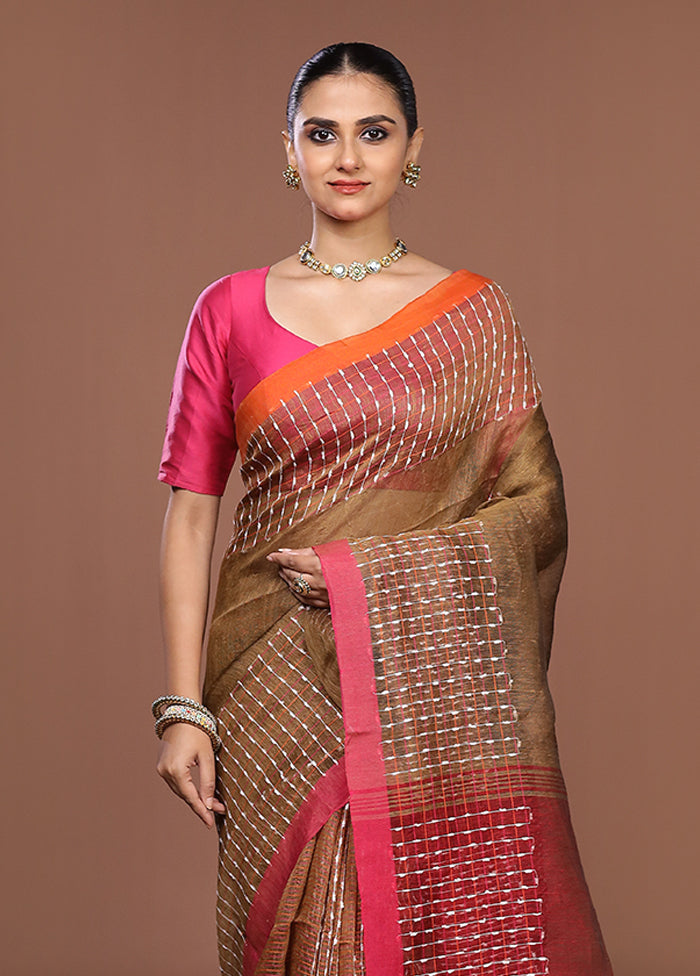 Brown Linen Silk Saree With Blouse Piece