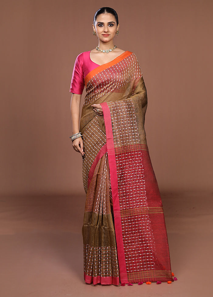Brown Linen Silk Saree With Blouse Piece