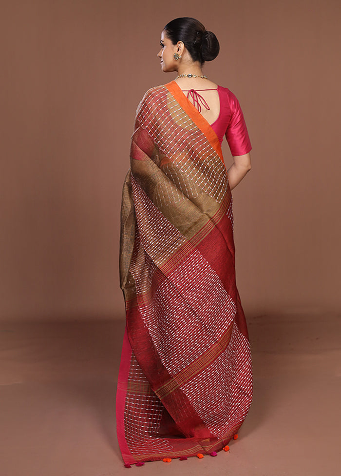 Brown Linen Silk Saree With Blouse Piece