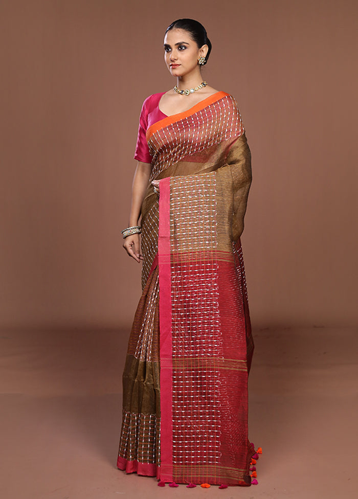 Brown Linen Silk Saree With Blouse Piece