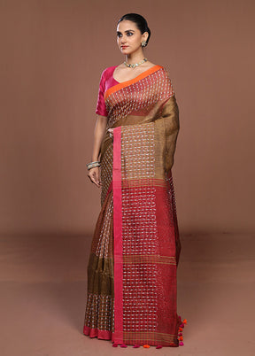 Brown Linen Silk Saree With Blouse Piece