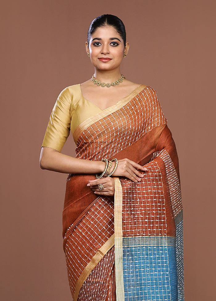 Rust Linen Silk Saree With Blouse Piece