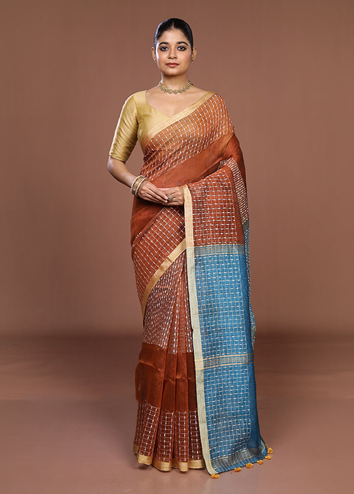 Rust Linen Silk Saree With Blouse Piece
