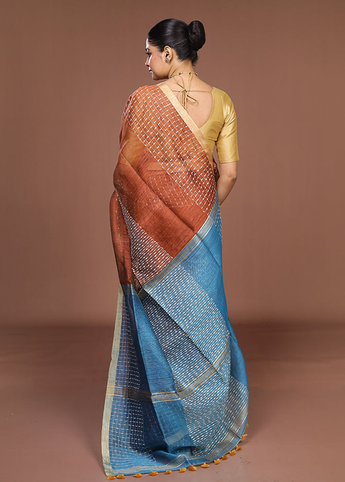 Rust Linen Silk Saree With Blouse Piece