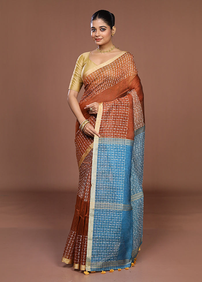 Rust Linen Silk Saree With Blouse Piece