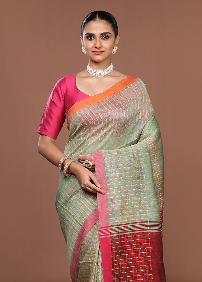 Green Linen Silk Saree With Blouse Piece