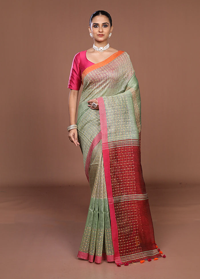 Green Linen Silk Saree With Blouse Piece