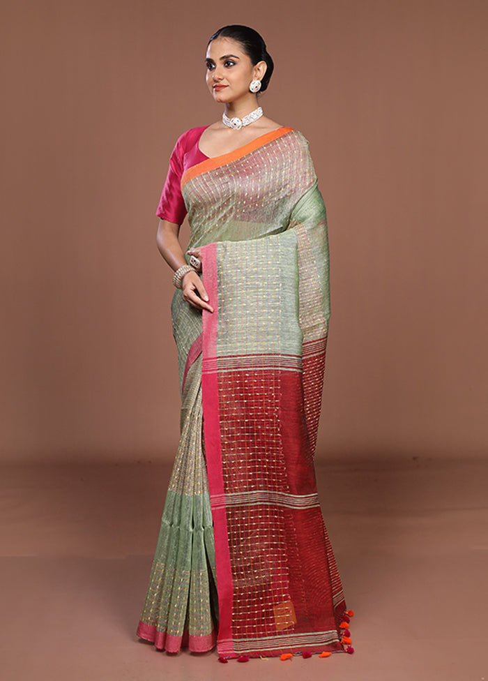 Green Linen Silk Saree With Blouse Piece