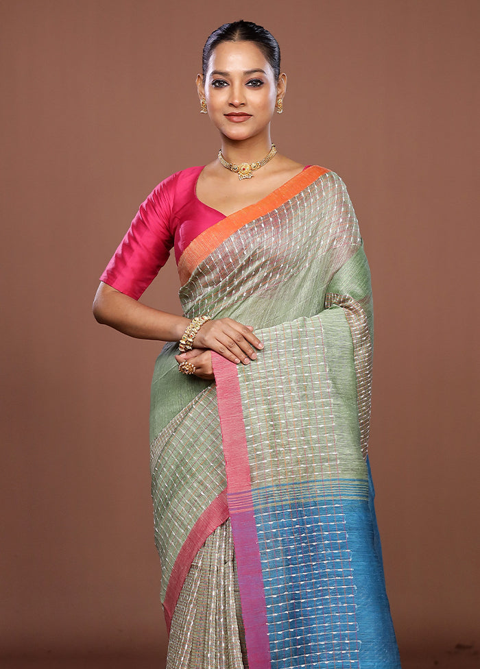 Green Linen Silk Saree With Blouse Piece