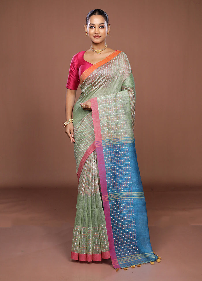 Green Linen Silk Saree With Blouse Piece