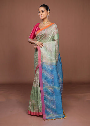 Green Linen Silk Saree With Blouse Piece
