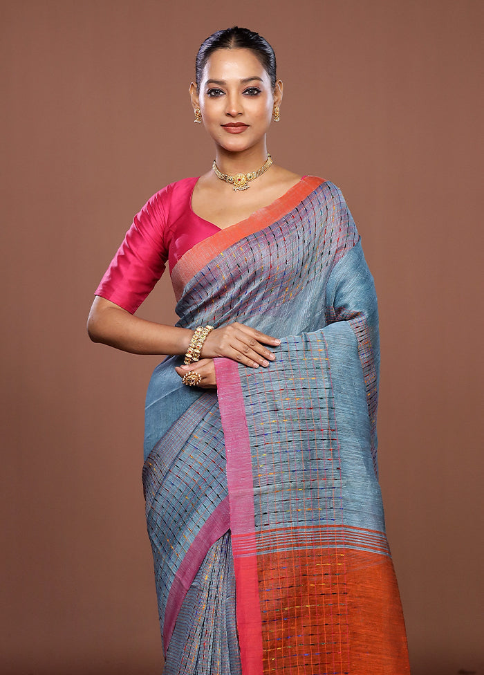 Rust Linen Silk Saree With Blouse Piece