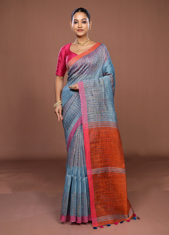 Rust Linen Silk Saree With Blouse Piece
