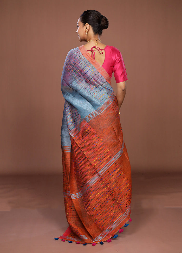 Rust Linen Silk Saree With Blouse Piece