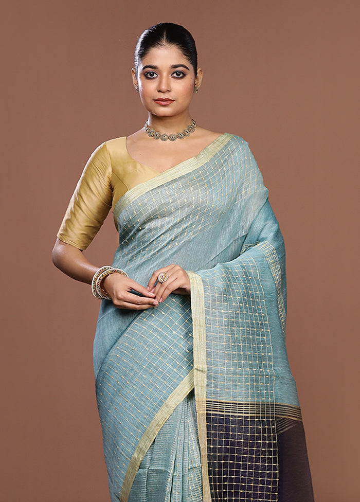 Blue Linen Silk Saree With Blouse Piece