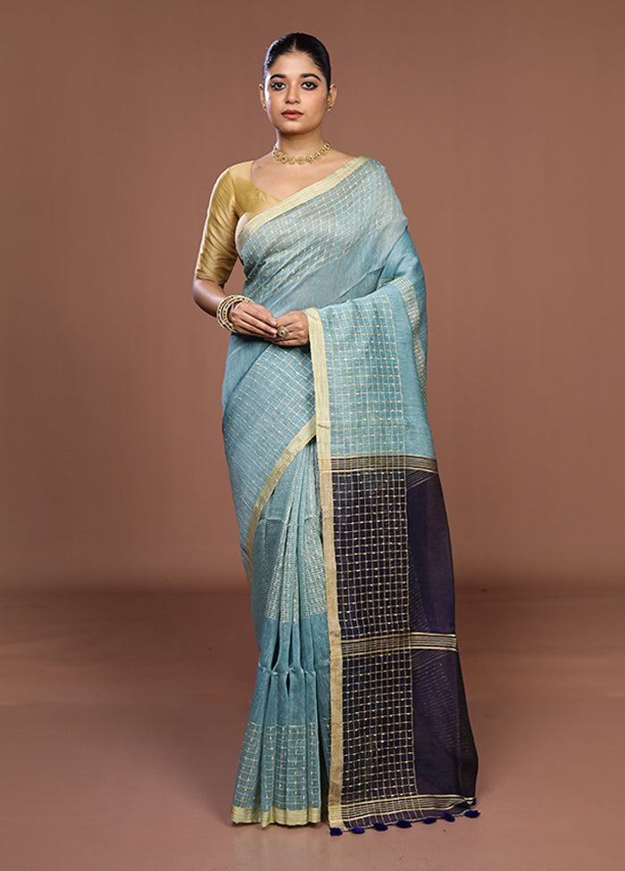 Blue Linen Silk Saree With Blouse Piece