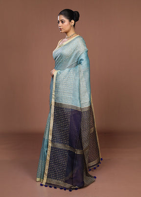 Blue Linen Silk Saree With Blouse Piece