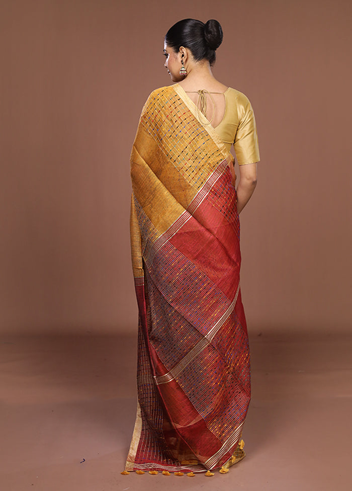 Yellow Linen Silk Saree With Blouse Piece