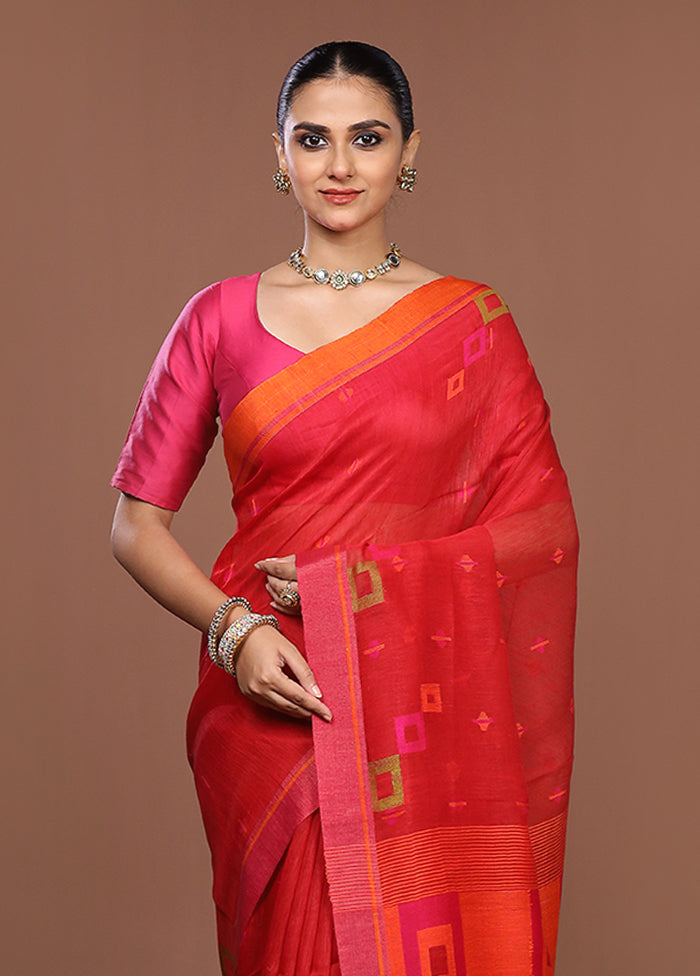 Red Linen Silk Saree With Blouse Piece