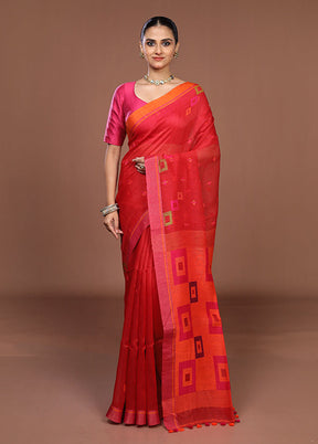 Red Linen Silk Saree With Blouse Piece