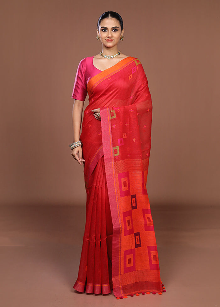 Red Linen Silk Saree With Blouse Piece
