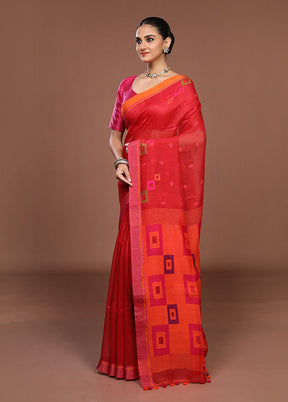 Red Linen Silk Saree With Blouse Piece
